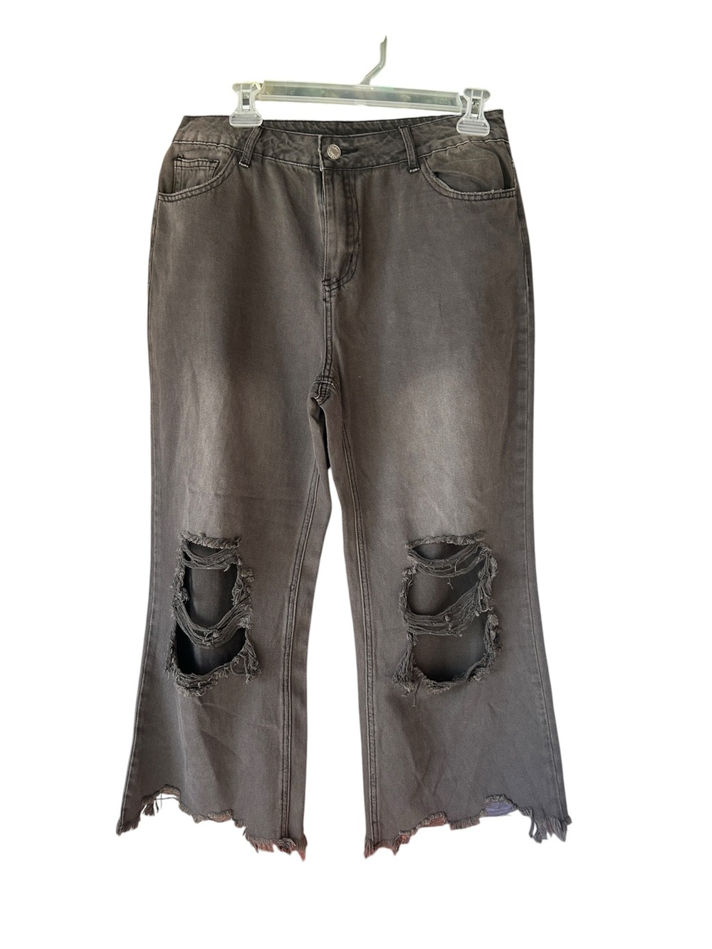 BiBi Charcoal Distressed Wide-Leg Jeans. Med